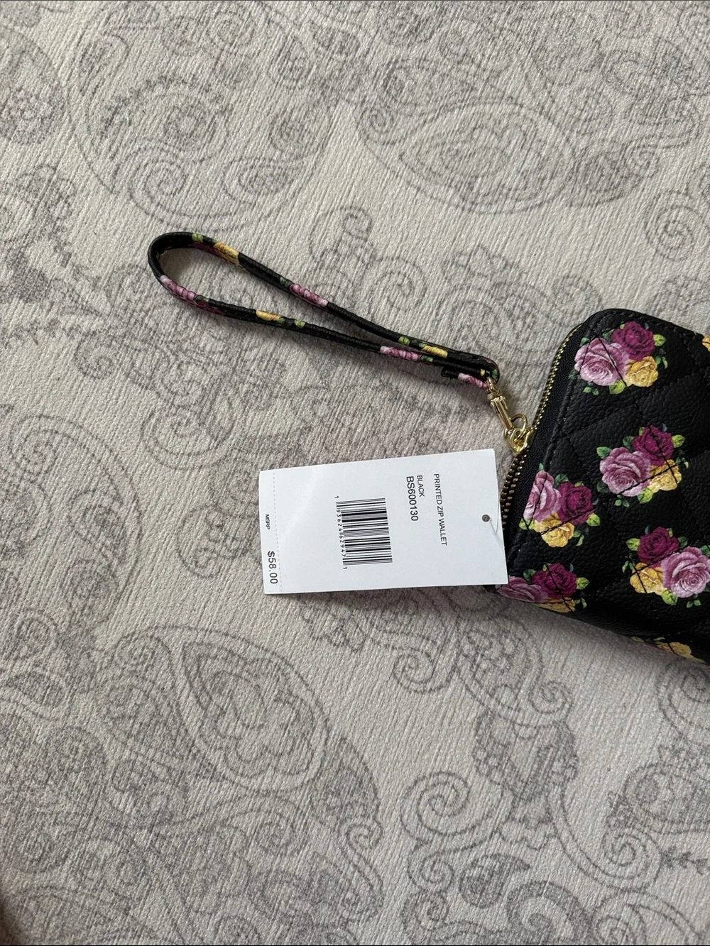 Betsey Johnson Black Quilted Wristlet with Pink and Yellow Floral Print NWT